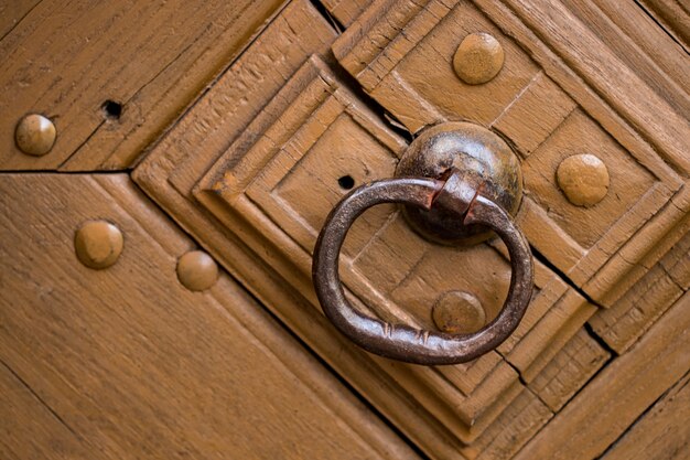 Close up of old wooden door with metal decoration.