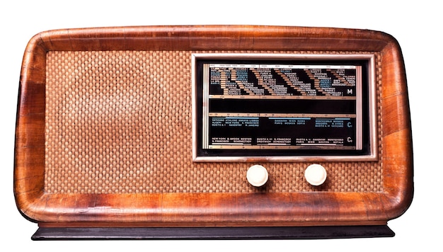 Close-up of old wooden radio against white background