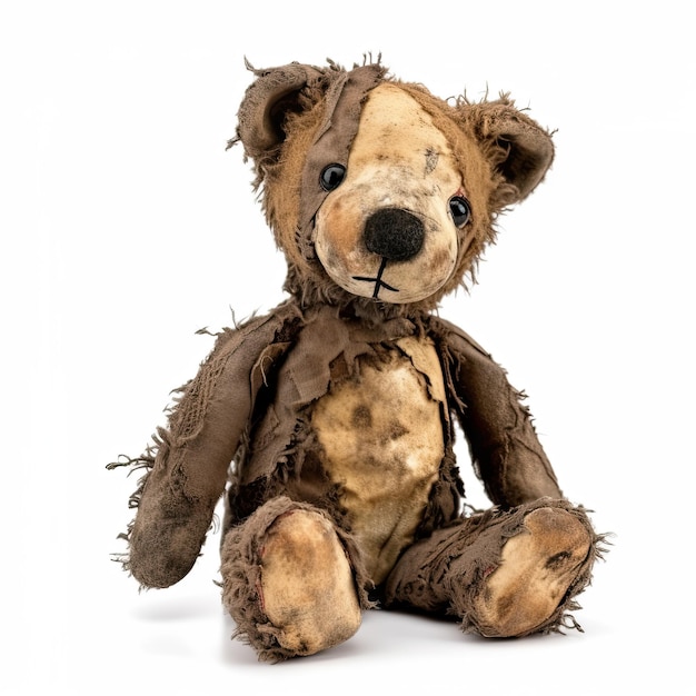 Close up of an old worn out teddy bear on a white background showing its ragged texture and nostalgic sentimentality Generative AI