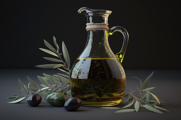 Close-up olive oil in a glass jug with whole olives next to it on a black background