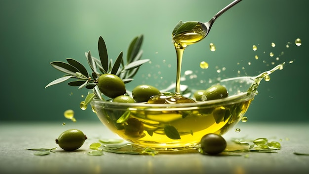 Photo close up of olive oil poured into a spoon over olives on green background