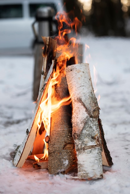 写真 冬のキャンプの火にクローズアップ