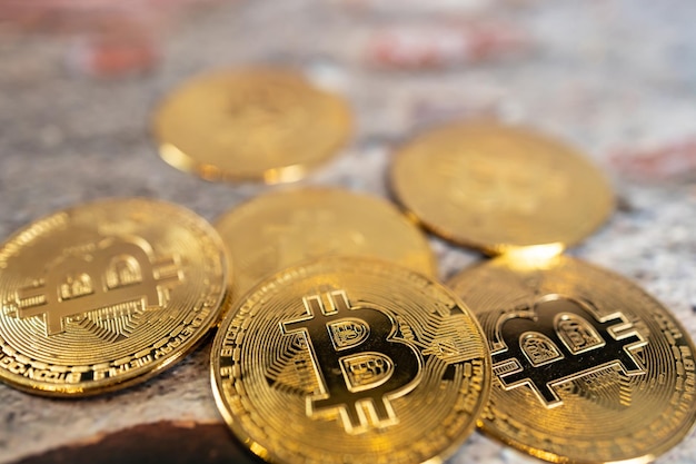 close up one golden coin with the bitcoin symbol cryptocurrency coin money coins digital btc