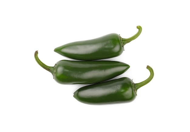 Close up one group of three fresh green jalapeno hot chili peppers isolated on white background, elevated top view, directly above