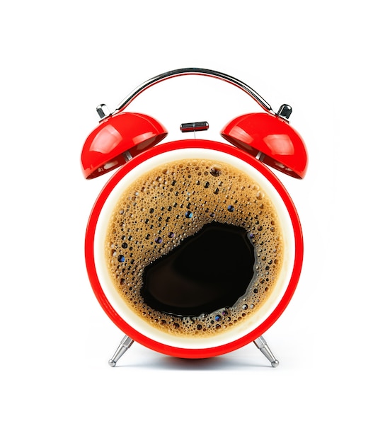 Close up one red retro alarm clock with black coffee cup froth face, isolated on white, low angle, front view