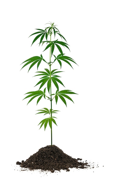 Close up one small fresh green cannabis or hemp plant growing out of soil heap isolated on white, low angle side view