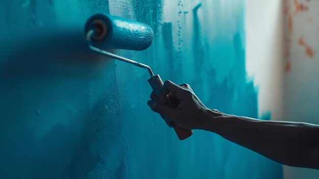 Close-up op de hand van een man die een muur blauw schildert met een verfroller Paintin Generative AI