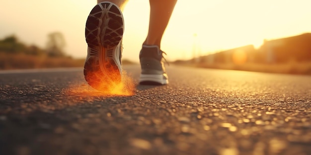 Foto close-up op de schoen loper atleet voeten rennen op de weg onder de zon in de ochtend ai generative