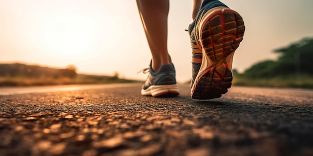 Close-up op de schoen Runner atleet voeten rennen op de weg onder zonlicht in de ochtend AI Generative