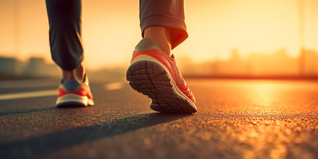 Close-up op de schoen Runner atleet voeten rennen op de weg onder zonlicht in de ochtend AI Generative