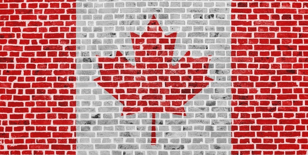 Close-up op een bakstenen muur met de vlag van Canada erop geschilderd