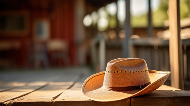 Close-up op een cowboy hoed op een ranch veranda