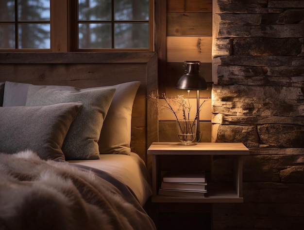 Close-up op een oude stijl lamp in een log cabin slaapkamer