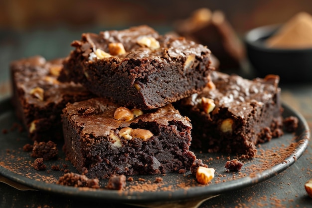 Close-up op een stapel vleesige gebakken amandel brownies