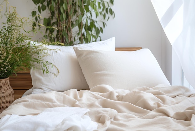 Close-up op kussens in een slaapkamer met veel planten rond