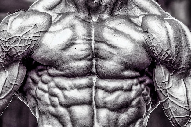 Foto close-up op perfecte abs sterke bodybuilder met sixpack fitness concept 3d illustratie