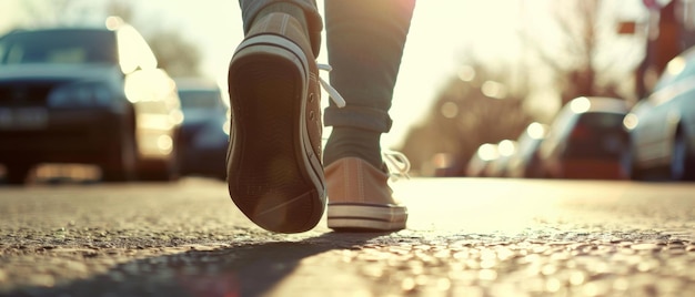 Close-up op stappen van een reis met zonlicht dat een gloed werpt op de sneakers van de reiziger39s