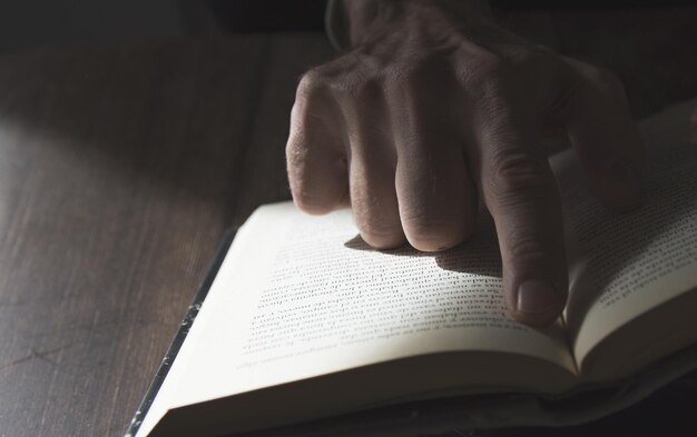 Close up of open book on table