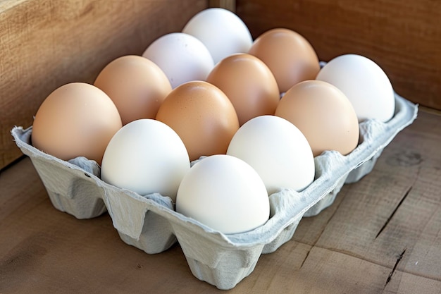 Close up of open carton of fresh store bought white eggs