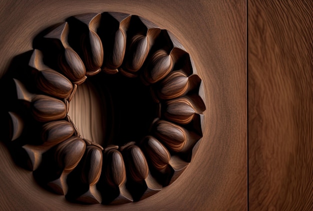 Close up of an open form walnut on a wooden wall