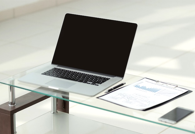 Close up. open laptop on office Desk. people and technology