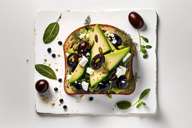 Close up of an open sandwich constructed with sourdough bread avocado feta cheese kalamata