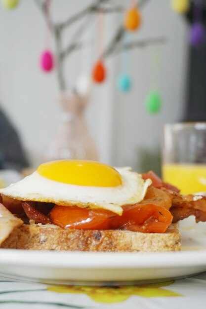 Close-up of open sandwich served on table