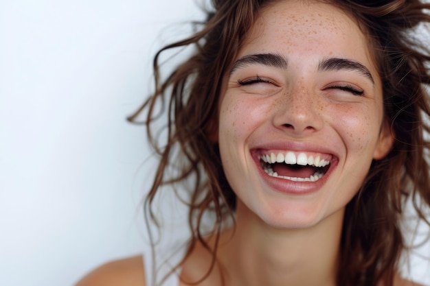 Close-up openhartig portret van een lachende vrouw op een witte achtergrond