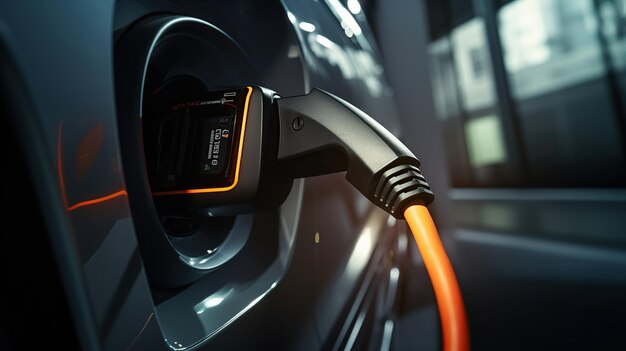 Close-up opladen van de batterij van een elektrische auto nieuwe innovatieve technologie EV Elektrisch voertuig Elektrisch autoconcept