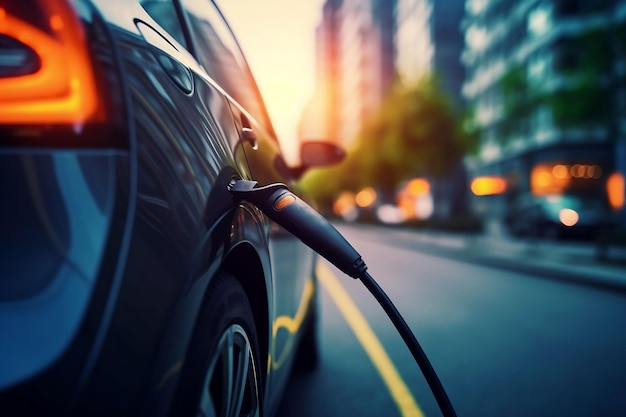 Close-up opladen van een accu van een elektrische auto nieuwe innovatieve technologie EV Elektrisch voertuig