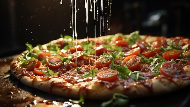 Foto close-up opname pf tomatensaus op pizza gieten