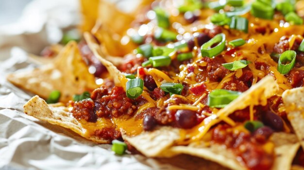 Close-up opname van Chili Cheese Nachos op een witte achtergrond