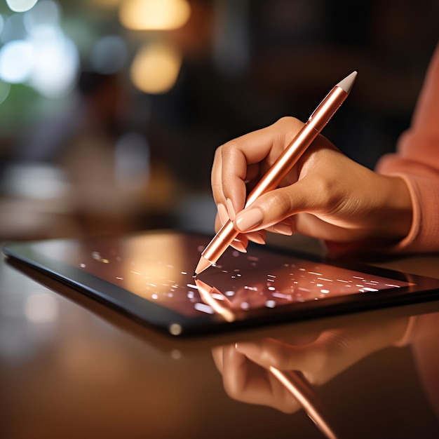 Close-up opname van de hand van een student met behulp van een stylus of touchscreen om te schrijven en te interageren met educatio