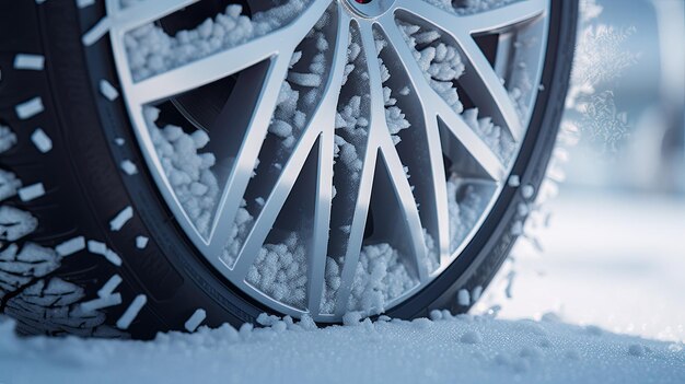 Close-up opname van een auto wiel met een winter band op een besneeuwde weg