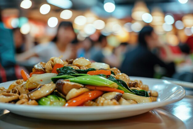 Close-up opname van een bord gebakken groenten met bok choy paddenstoelen en wortels