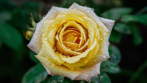 Close-up opname van een gele roos bedekt met dauwdruppels