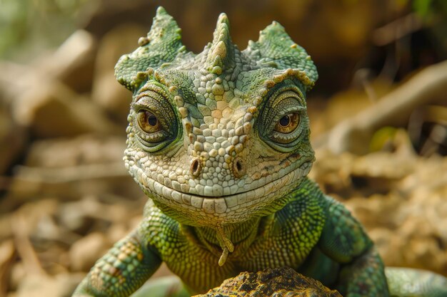 Close-up opname van een glimlachende groene hagedis in een natuurlijke habitat met levendige texturen en aardse