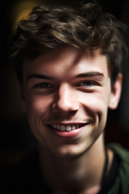 Close-up opname van een jonge man die naar de camera kijkt en glimlacht gemaakt met generatieve AI