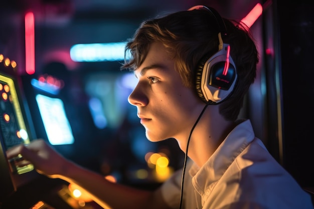 Close-up opname van een jonge man met een headset en controller in een arcade
