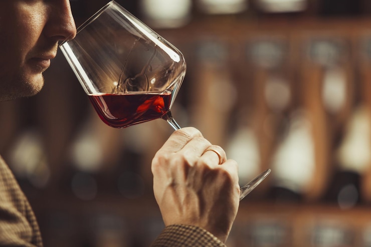 Foto close-up opname van een jonge sommelier die rode wijn ruikt op de achtergrond van een wijnkelder