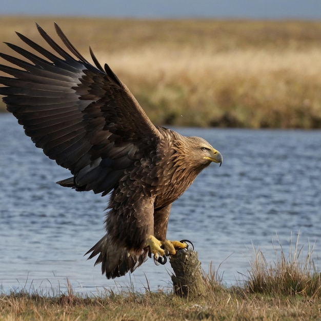 Foto close-up opname van een kale adelaar klaar om te vliegen vanaf een houten perch