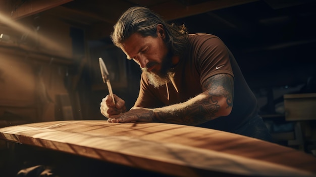 Close-up opname van een man die houten planken meet voor een DIY-project voor huisverbetering