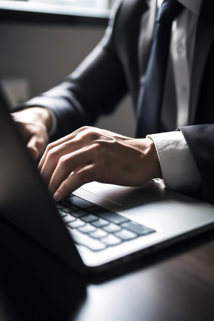 Close-up opname van een onherkenbare zakenman die op een laptop werkt in een kantoor