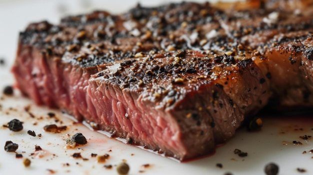 Close-up opname van een Peppercorn Crusted Sirloin Steak op een schoon wit oppervlak