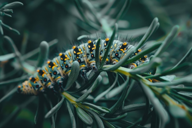 Close-up opname van een rups die op de groene plant kruipt