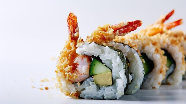 Close-up opname van een Shrimp Tempura Roll tegen een witte achtergrond