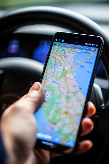 Foto close-up opname van een smartphone scherm met een kaart terwijl twee mensen rijden gemaakt met generatieve ai