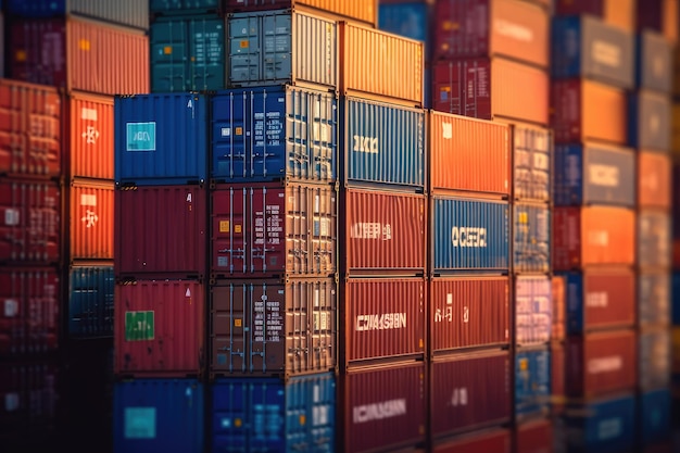 Close-up opname van een stapel containers in een drukke haven met de nadruk op het logistieke aspect van vrachtvervoer Generatieve AI