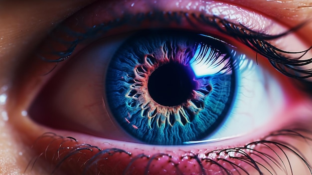 Close-up opname van een violet menselijk oog op een gestructureerde achtergrond met een zwaar getinte lens