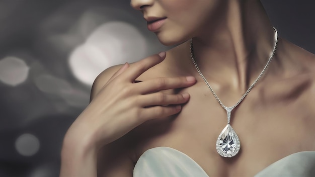Close-up opname van een vrouw die een prachtige zilveren ketting met een diamanten hanger draagt
